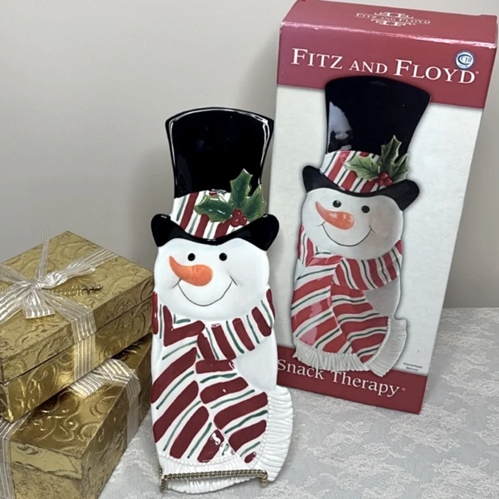 Fitz & Floyd Serving Plate Snack Therapy Snowman Tray Dish Vintage Christmas Red